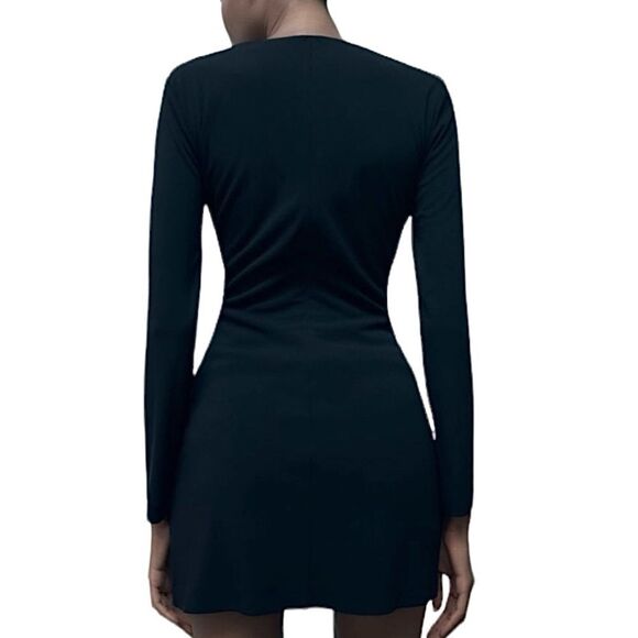 Zara Black Dress Tied Ruched Long Sleeve Size L • NEW WITH TAGS • - Picture 4 of 11